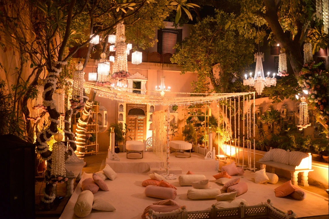 Nikah decor in Lahore by VenueHub with outdoor seating and floral lighting